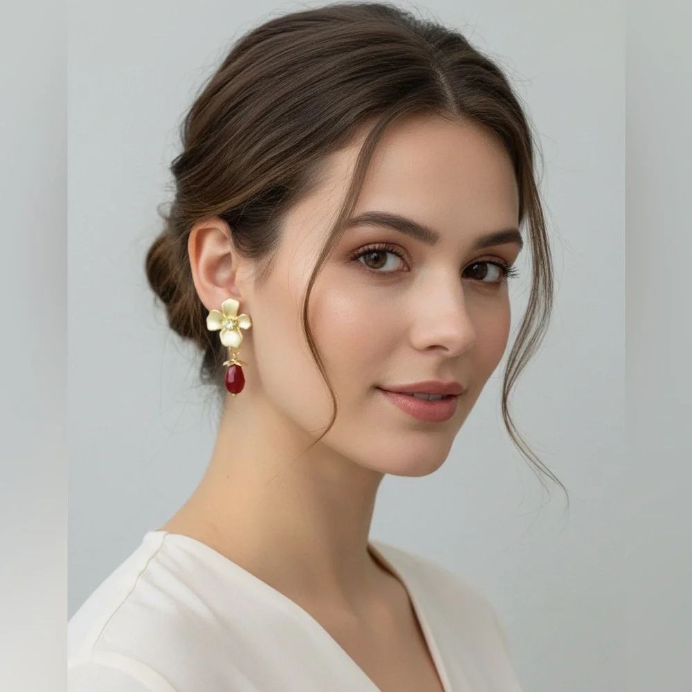 Gold Floral Earrings with Red Teardrop Crystal Dangle - Picture 3 of 3